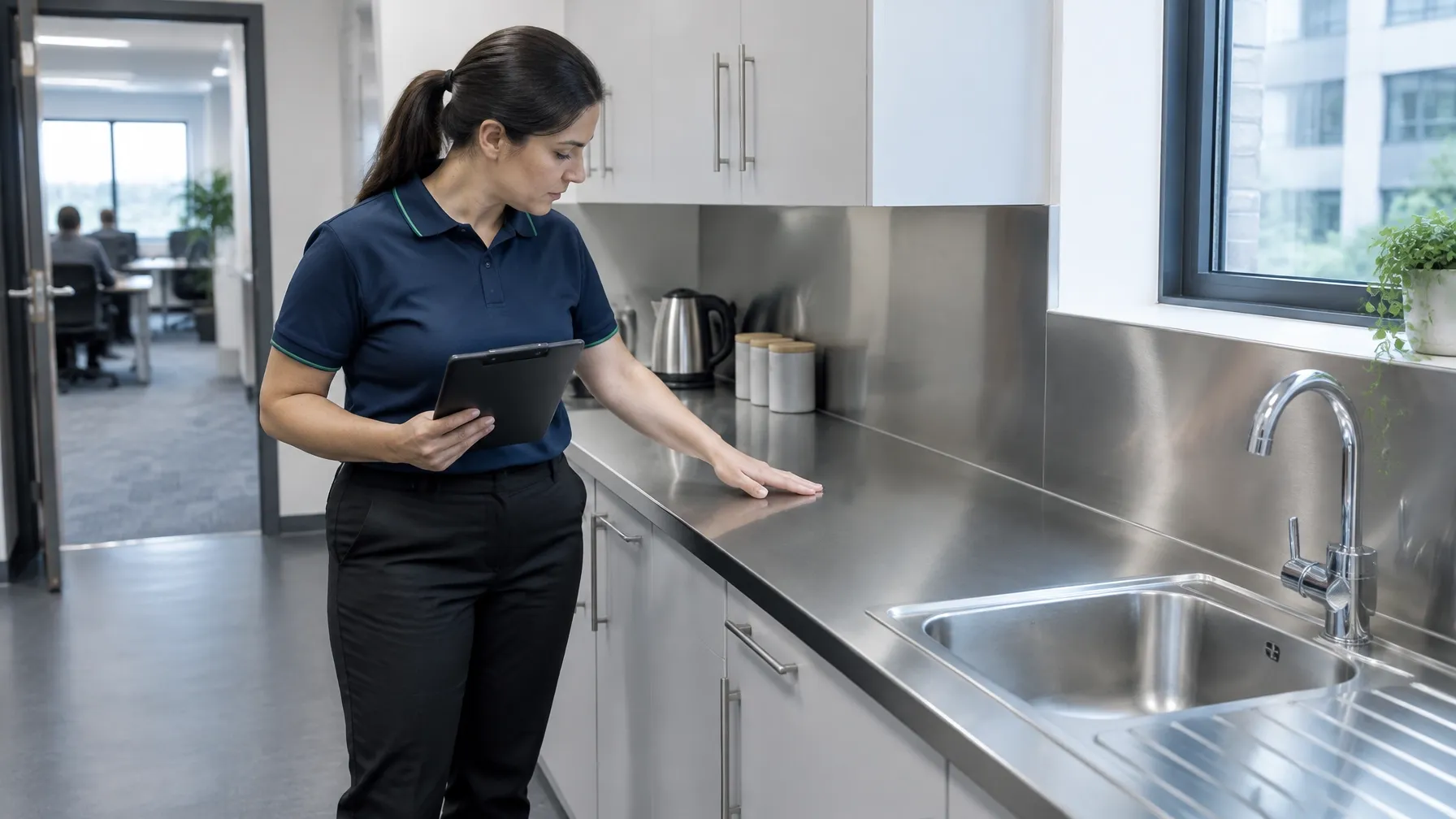 A CQD supervisor inspects a breakroom kitchenette during a documented quality check.