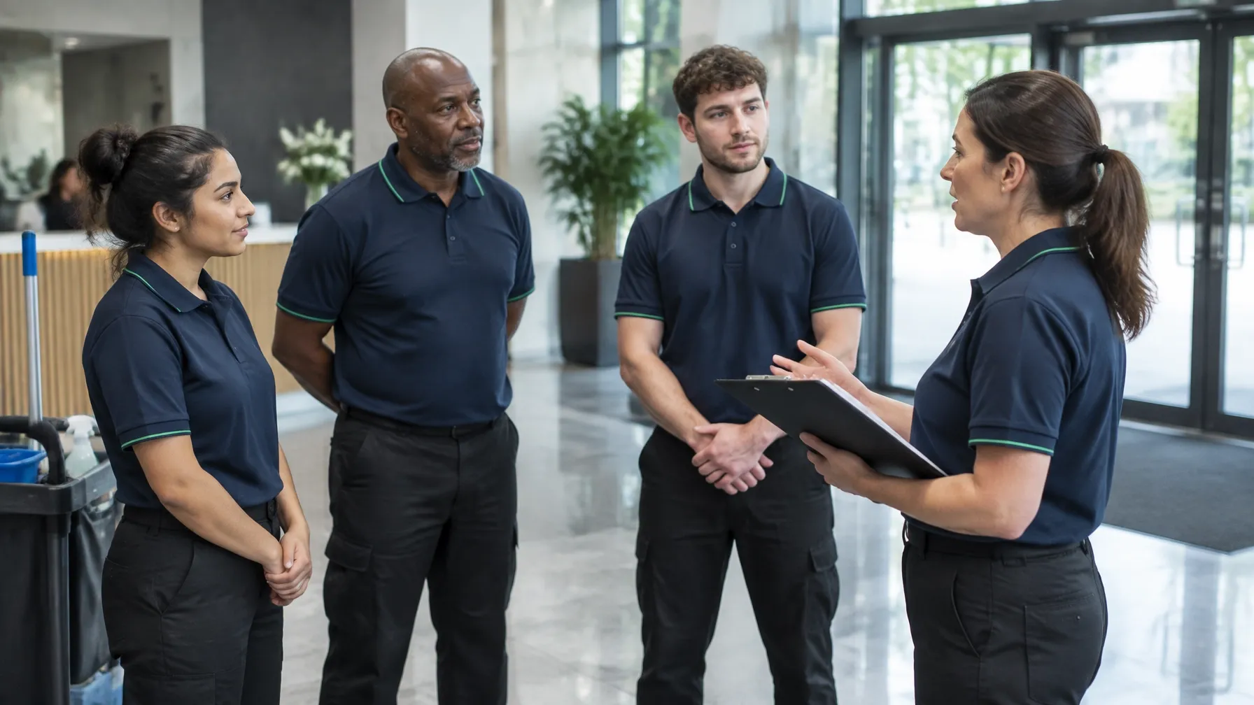 A CQD cleaning team receives a briefing in a commercial reception area.