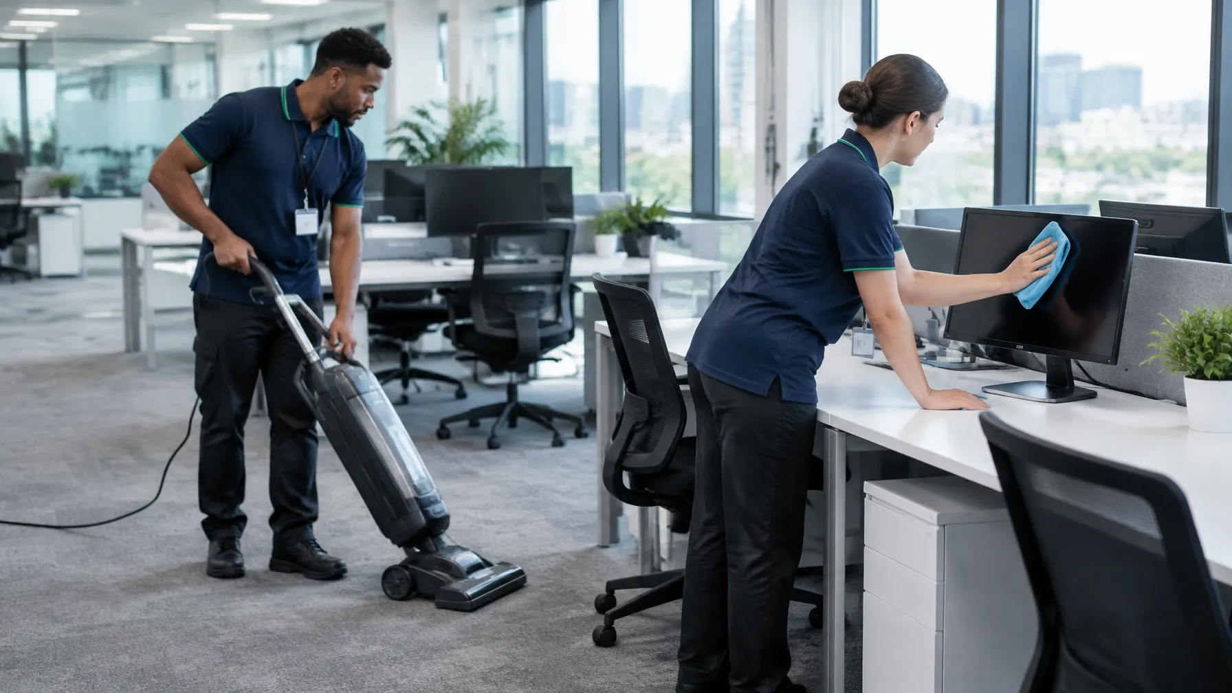 Two CQD operatives clean an open-plan commercial office as a dedicated pair.