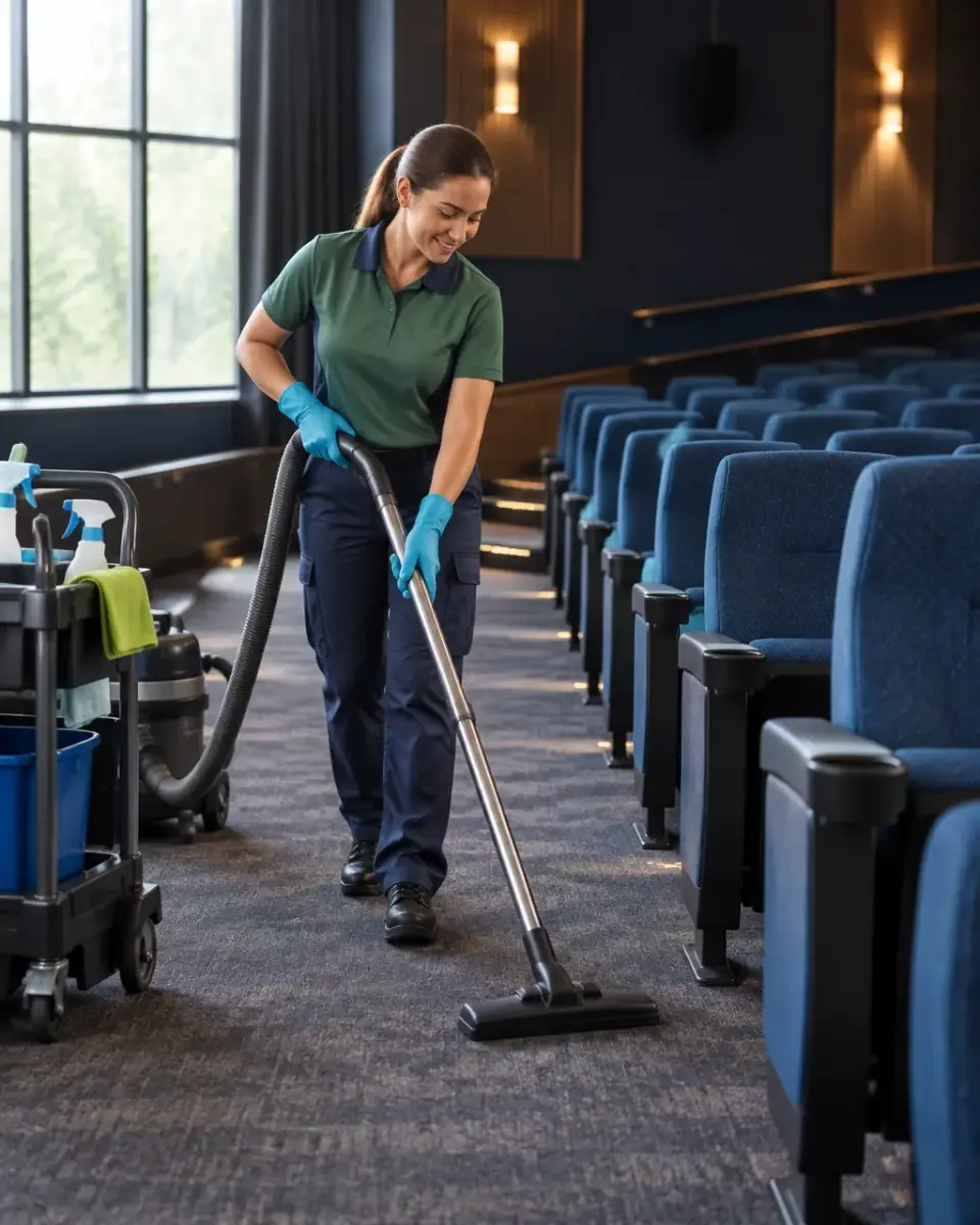 Uniformed cleaner vacuuming an aisle between cinema seats in a quiet commercial venue