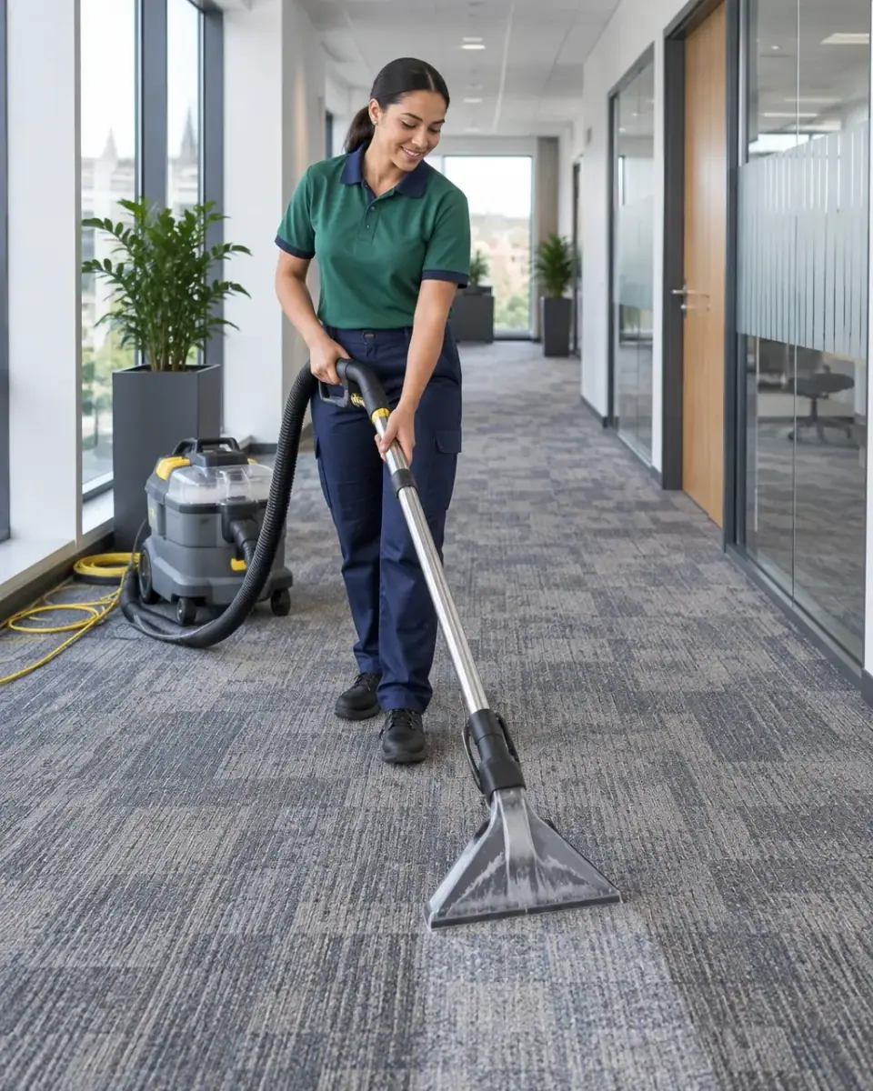 Uniformed cleaner operating a carpet extraction machine in a commercial office corridor
