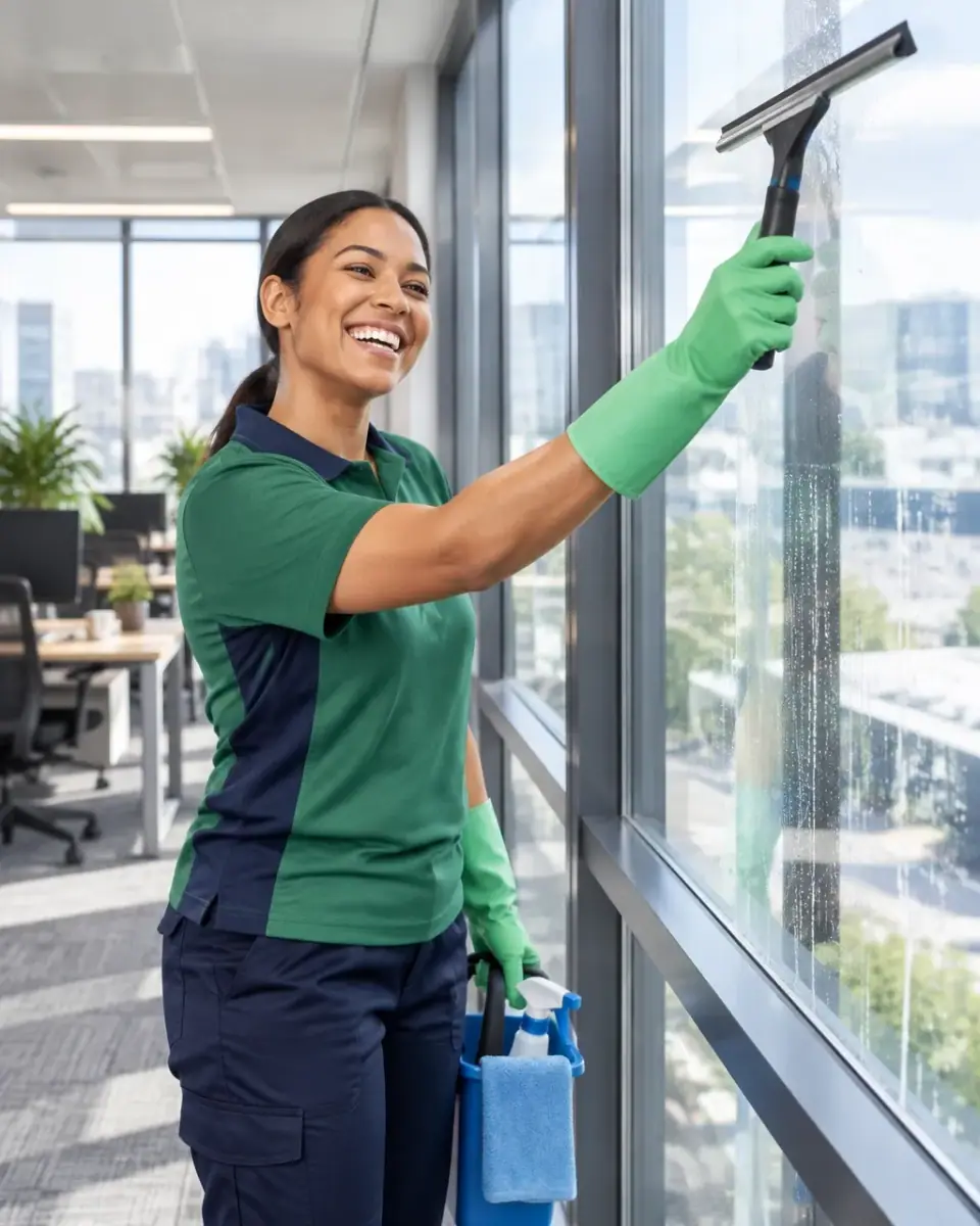 Uniformed cleaner using a squeegee on an internal glass office window
