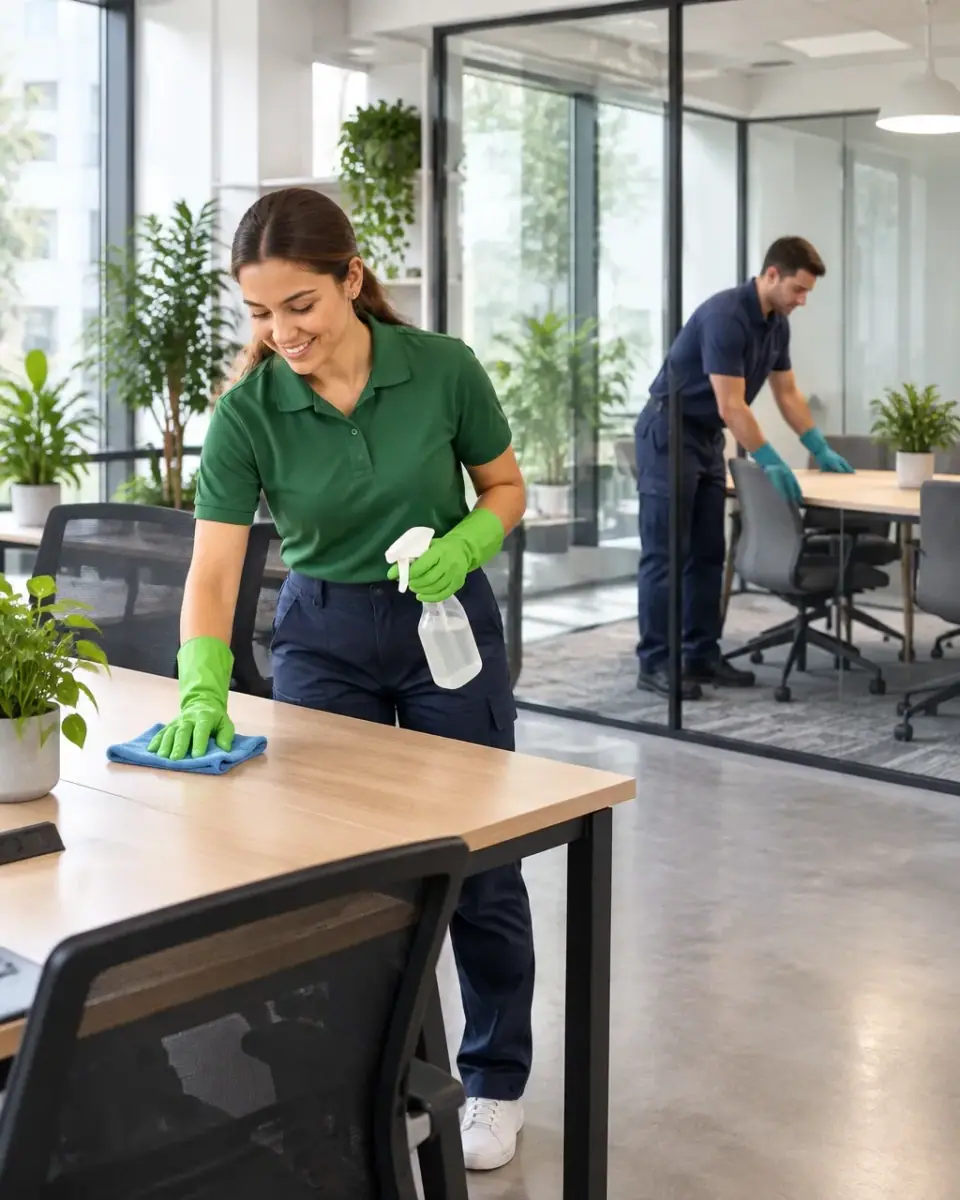 Two uniformed cleaners resetting desks and a meeting room in a bright co-working space