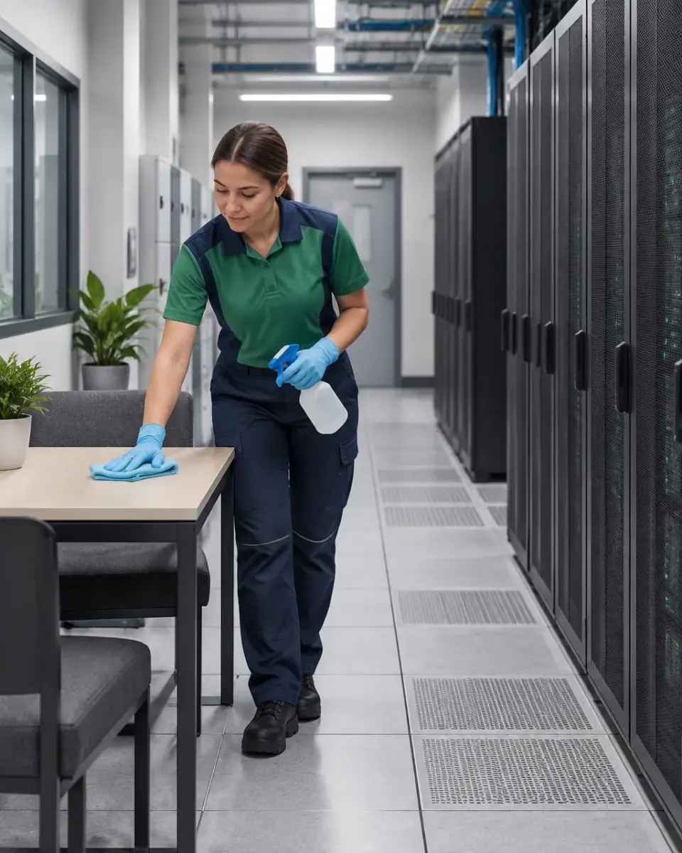 Uniformed cleaner working in an approved corridor beside secure data-centre server racks
