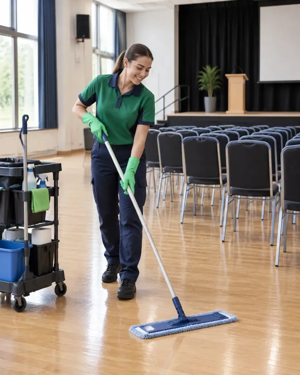 Uniformed cleaner resetting a UK event venue with rows of chairs and a polished floor