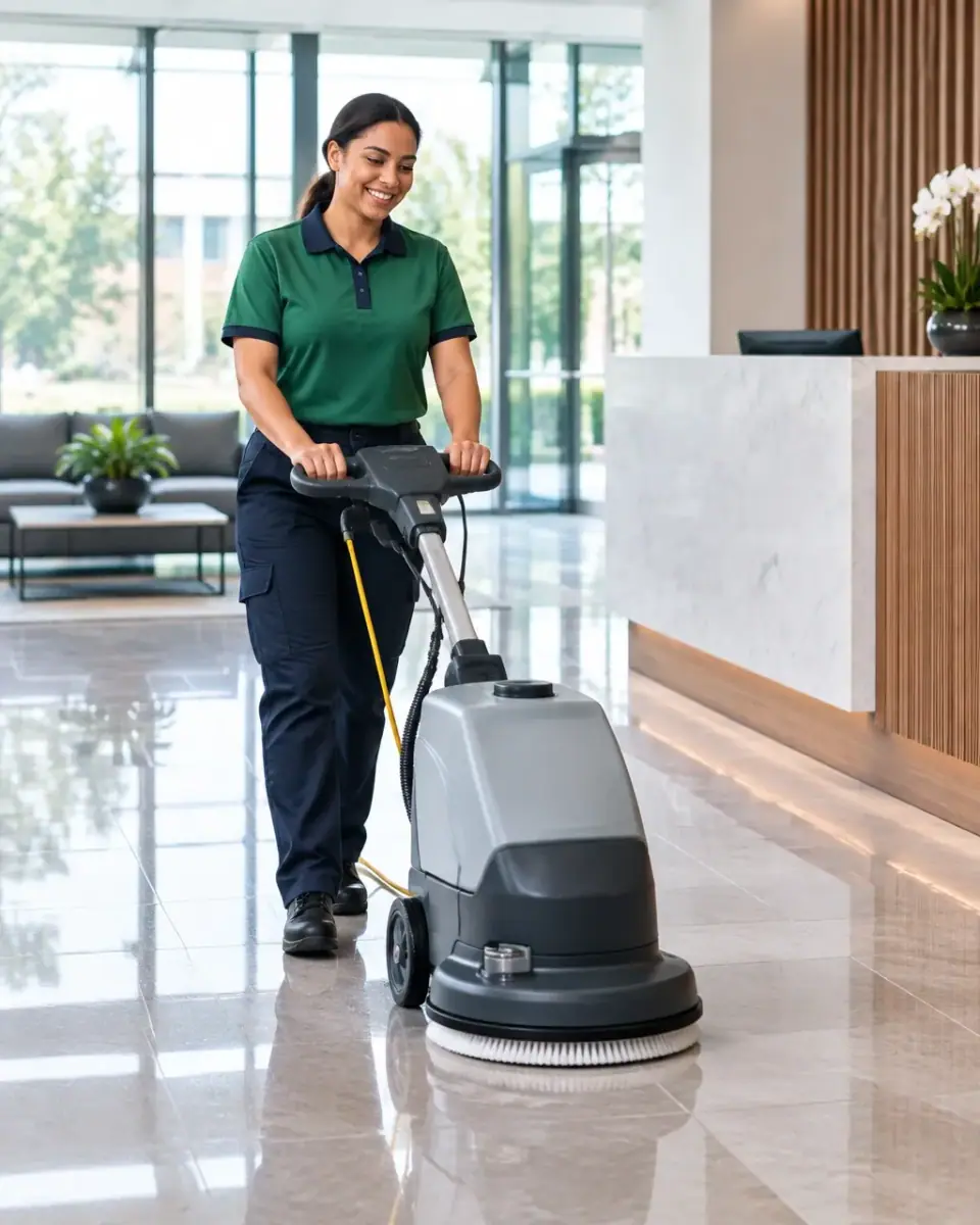 Uniformed cleaner operating a compact floor scrubber in a commercial reception