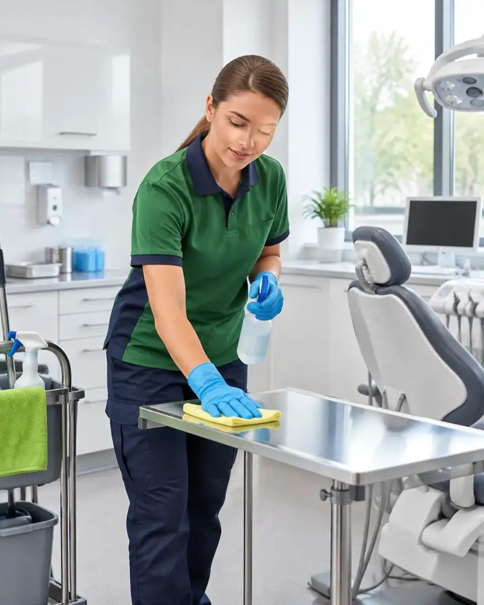 Uniformed cleaner wiping a stainless surface in a modern dental treatment room