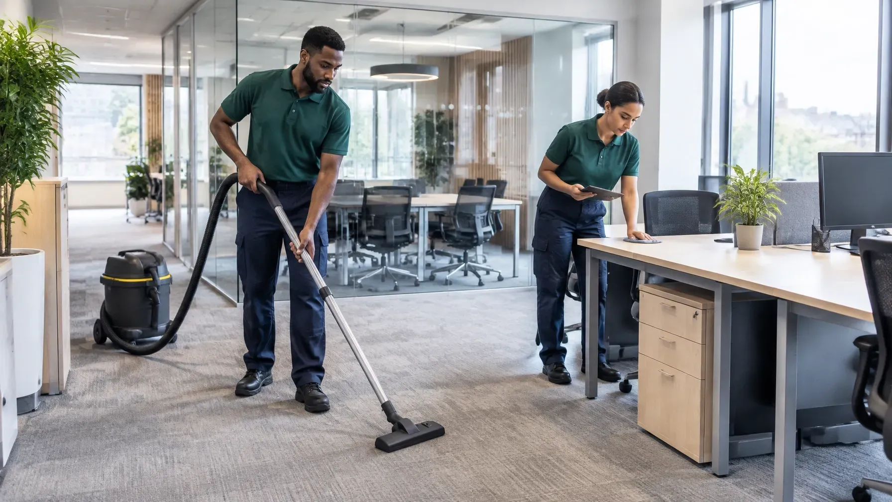 Two uniformed cleaners working together in a bright commercial office