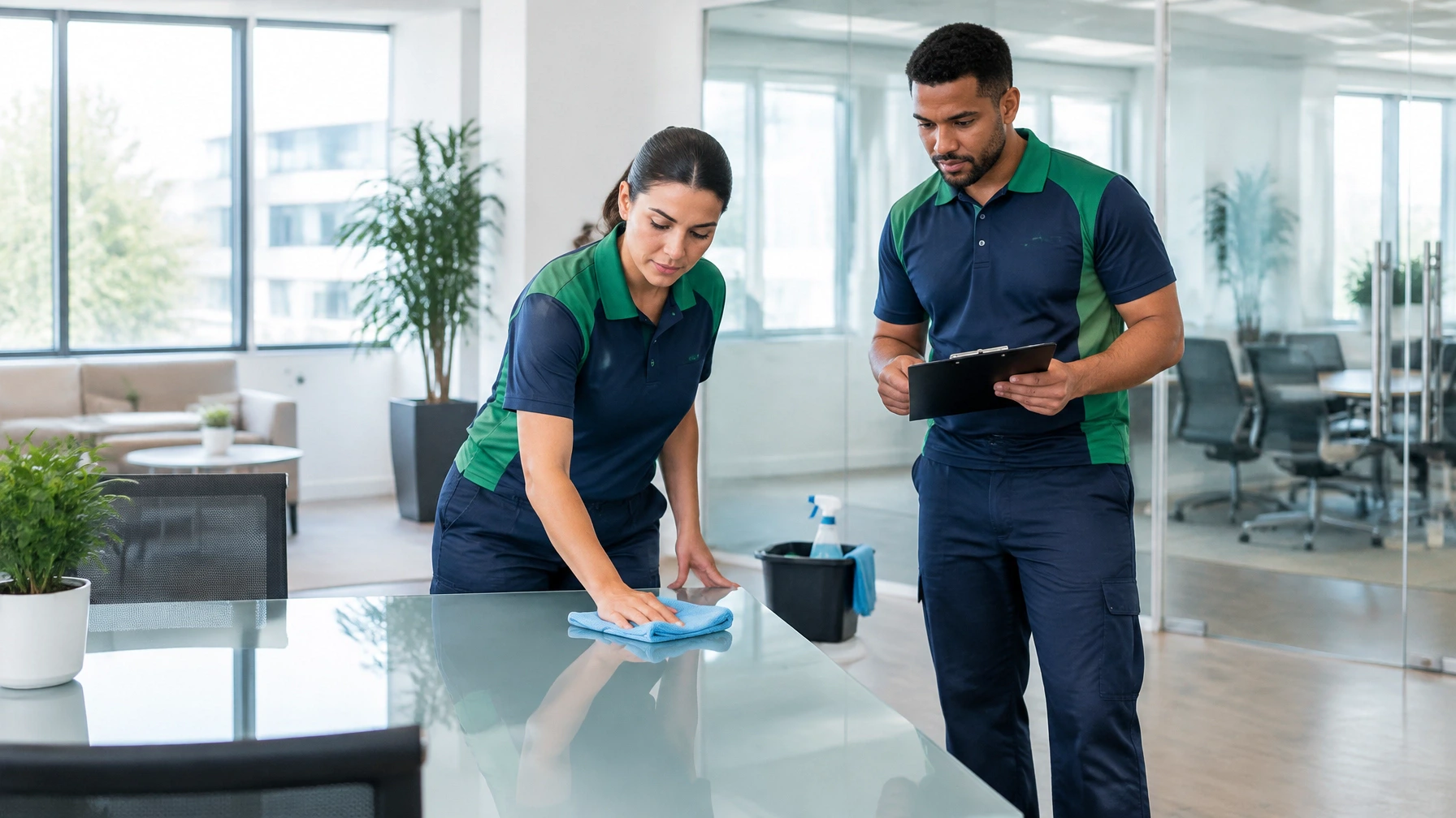 Two uniformed CQD cleaners working together in a bright commercial office