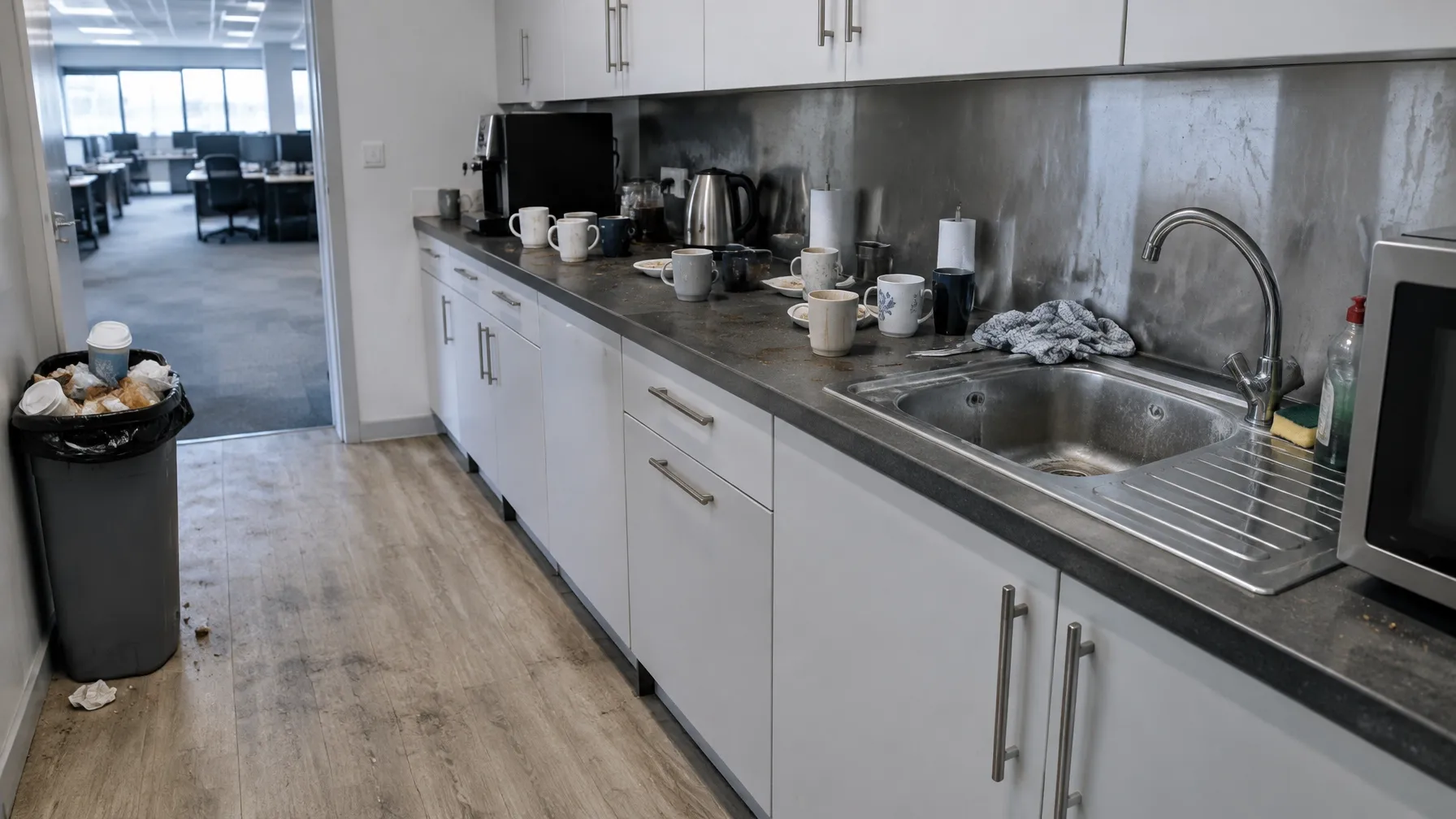 Office breakroom kitchenette before cleaning, with used cups and debris visible