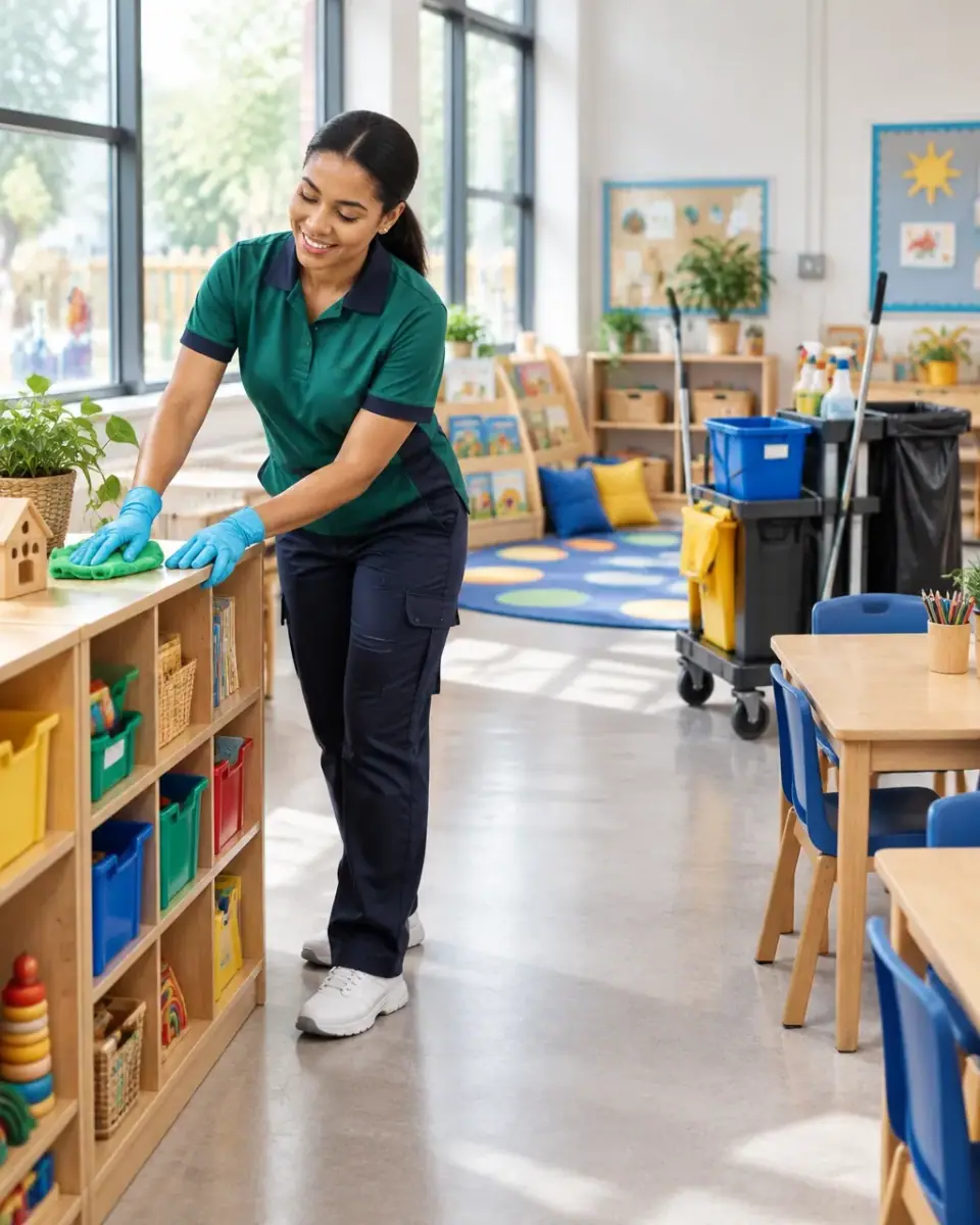 Uniformed cleaner wiping a table in a bright UK nursery classroom