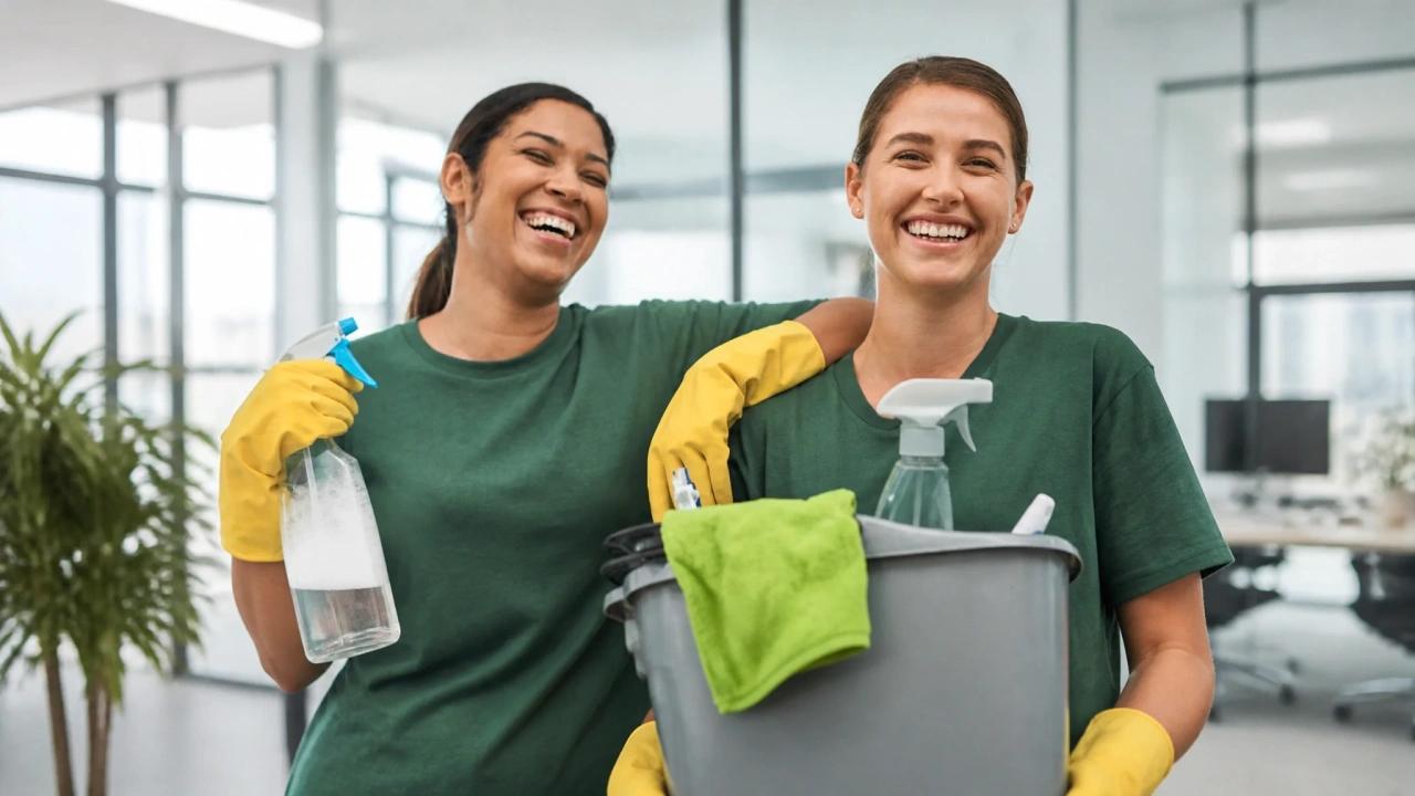 Two smiling CQD cleaners in green uniforms with commercial cleaning supplies