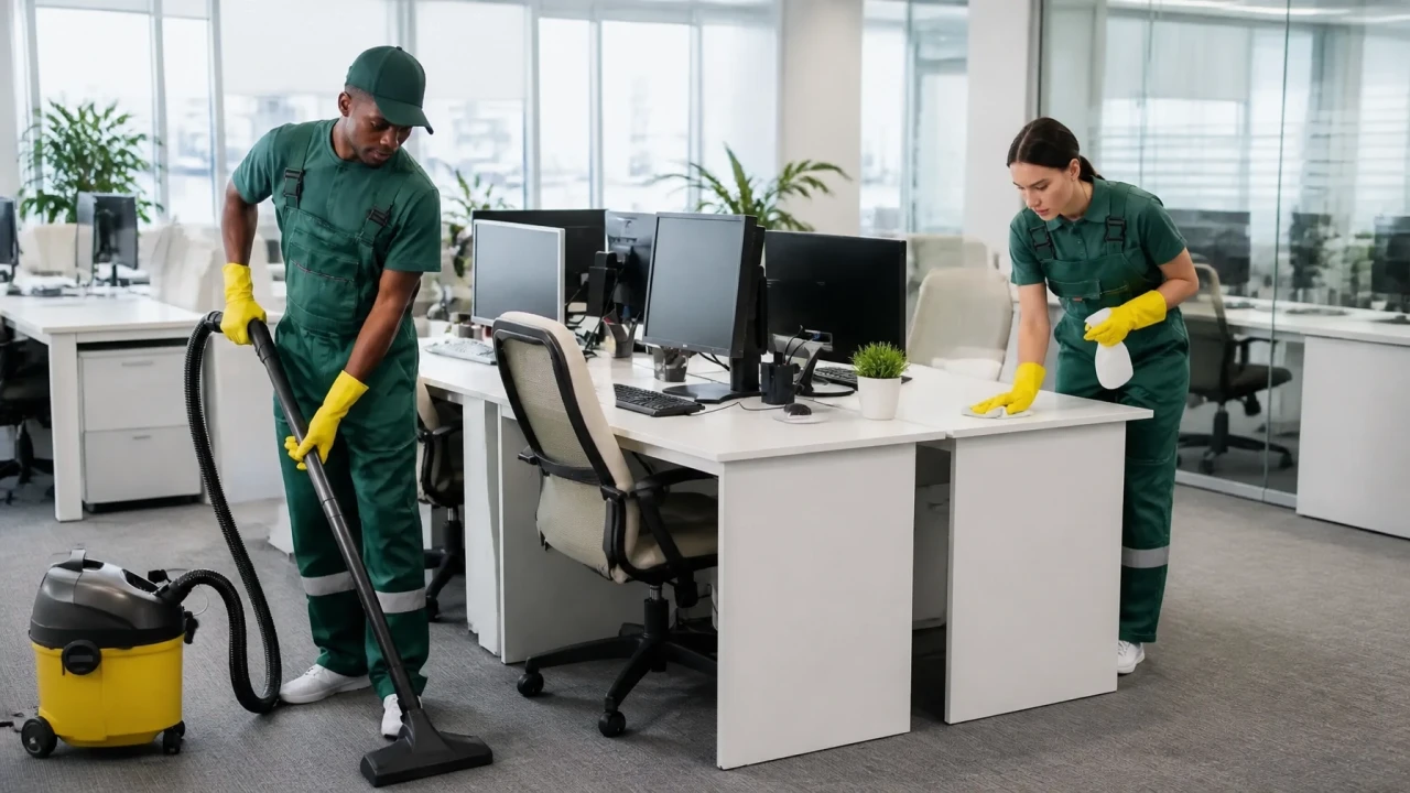 Two CQD cleaners working together in a commercial office