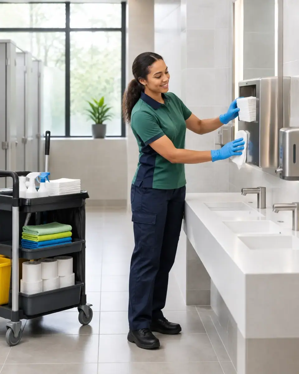 Uniformed cleaner restocking dispensers and wiping a commercial washroom